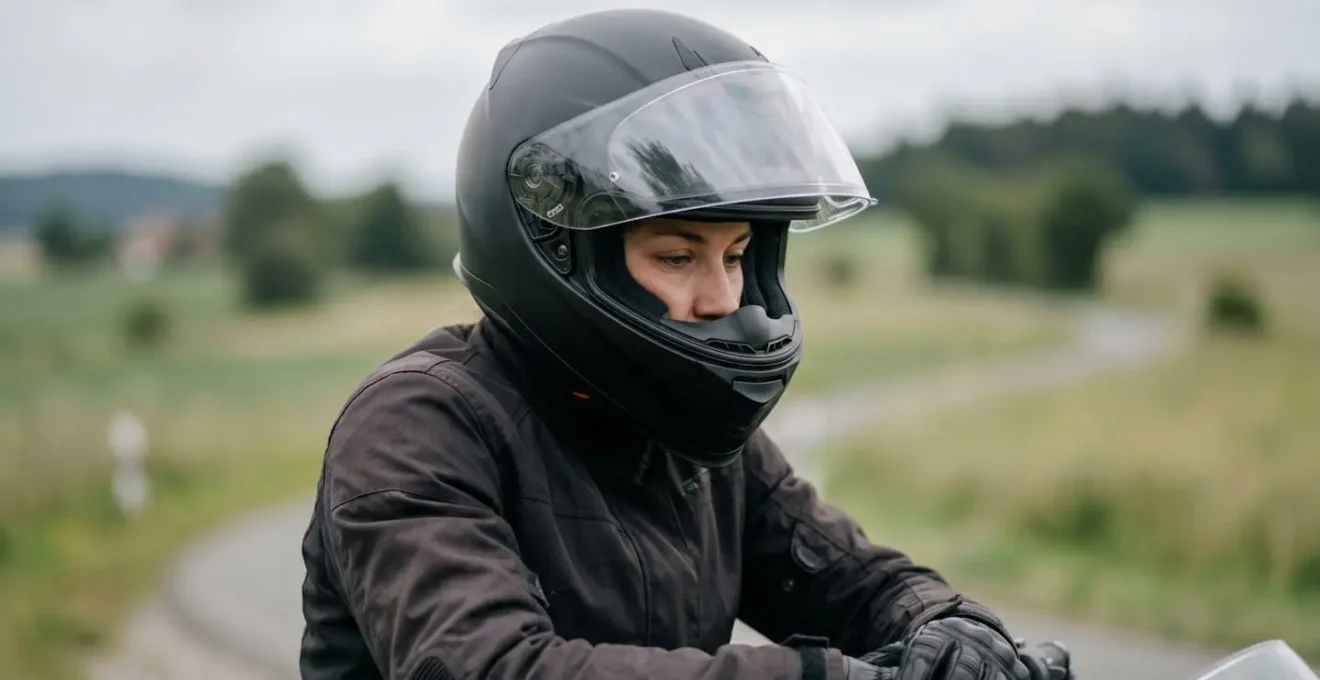 Nahaufnahme eines Motorradfahrers der bewusst atmet und Achtsamkeit beim Fahren praktiziert
