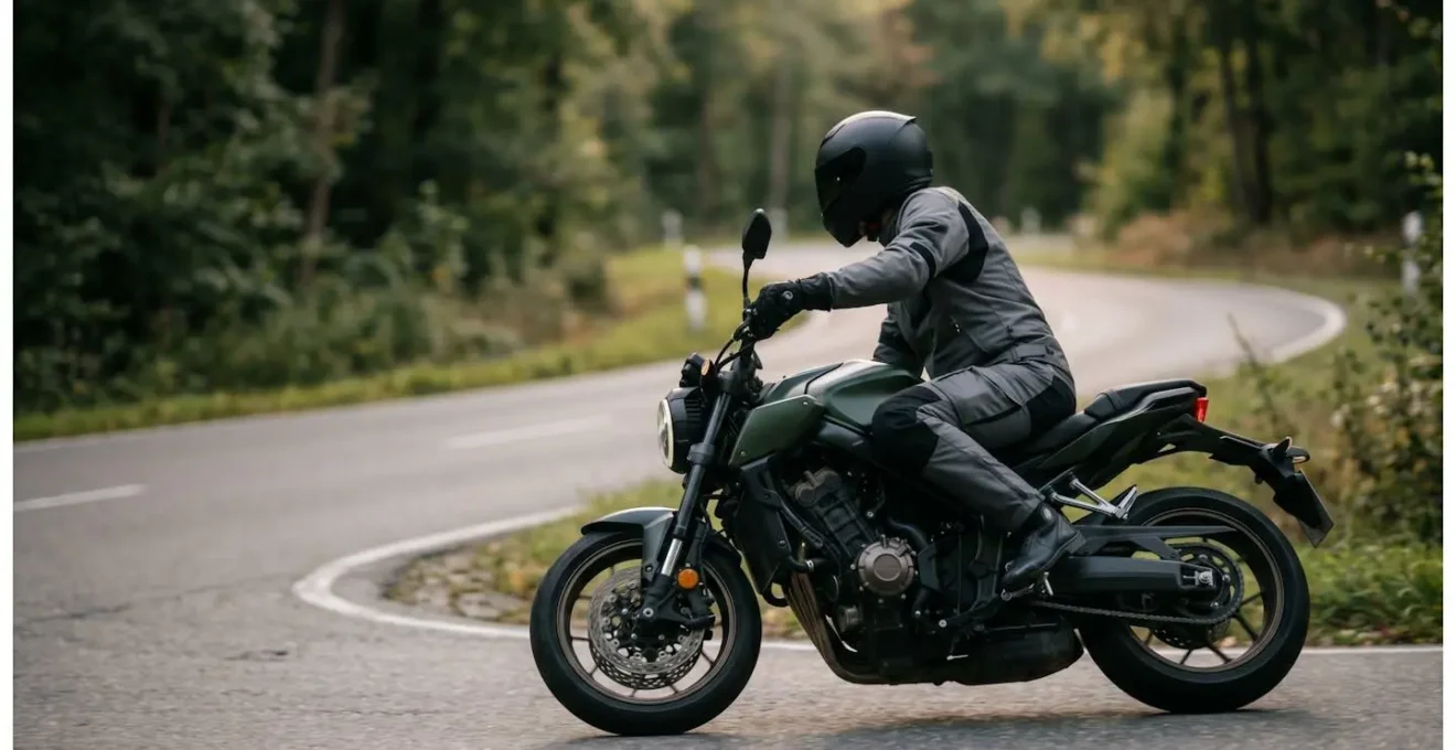Seitenansicht eines Motorradfahrers in optimaler Schräglage mit korrekter Kopf- und Schulterposition