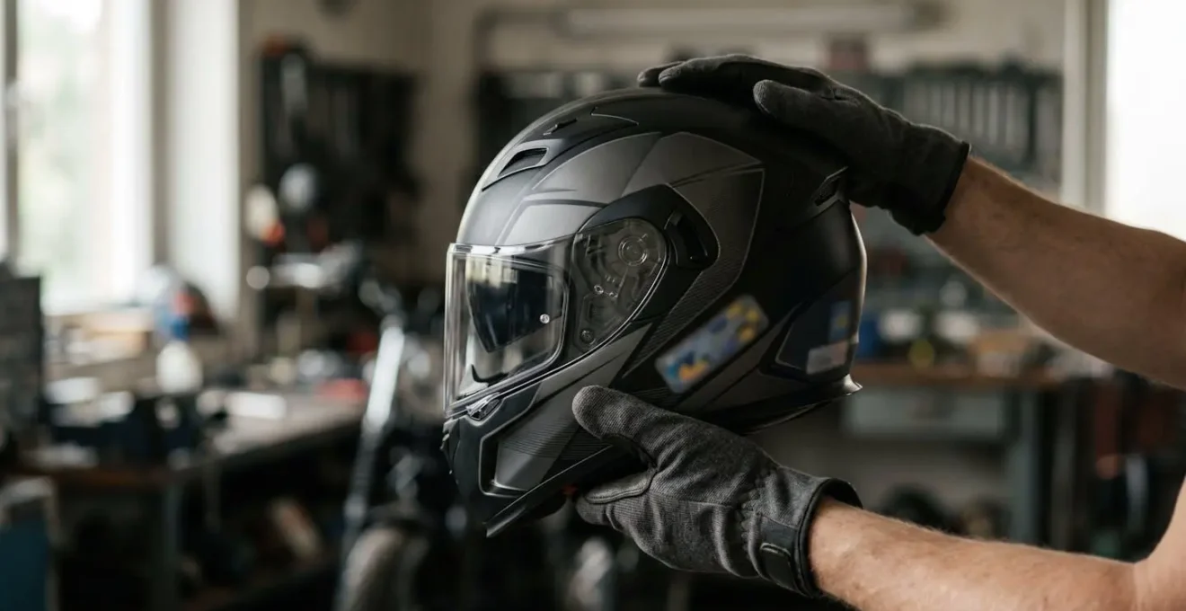 Detailaufnahme eines modernen Motorradhelms mit Fokus auf Sicherheitsmerkmale