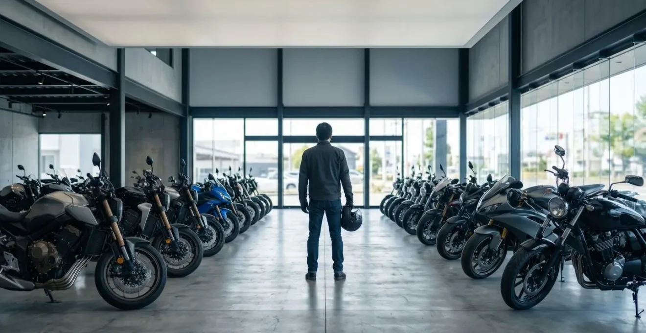 Motorradkäufer steht nachdenklich zwischen verschiedenen Motorradmodellen im Showroom