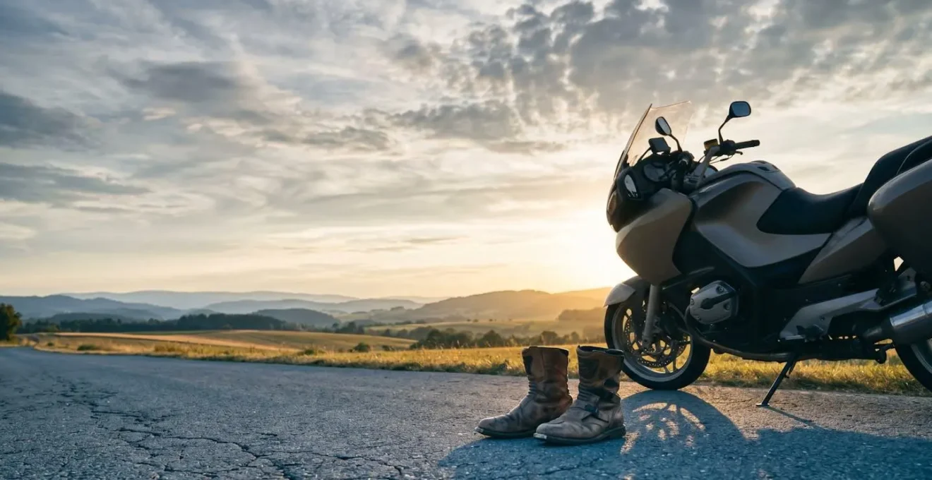 Atmosphärische Weitwinkelaufnahme von Motorrad mit Ausrüstung vor deutscher Landschaft