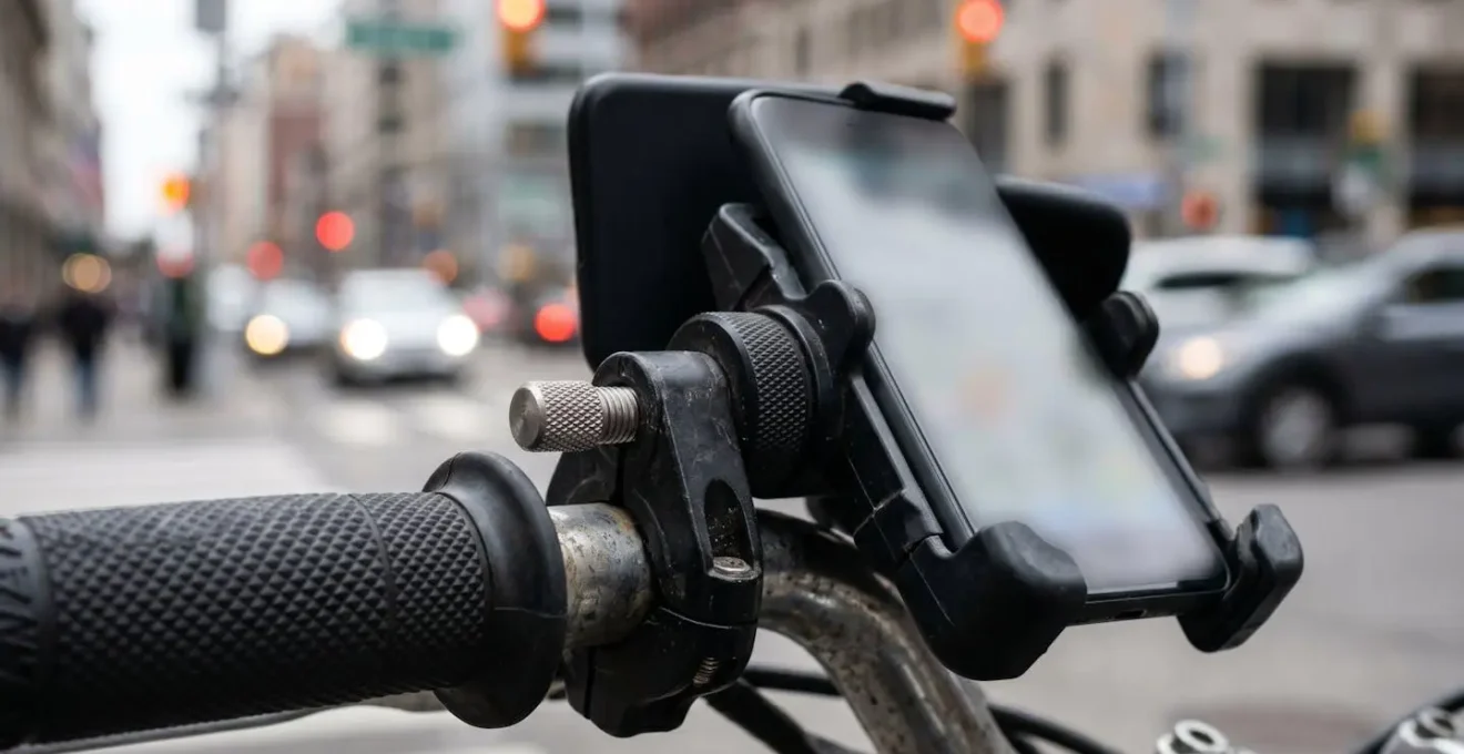 Smartphone-Halterung am Motorrad-Lenker mit Navigationsansicht während der Fahrt