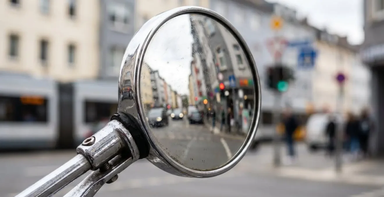 Nahaufnahme eines Motorradspiegels mit unscharfem Hintergrund einer deutschen Kreuzung