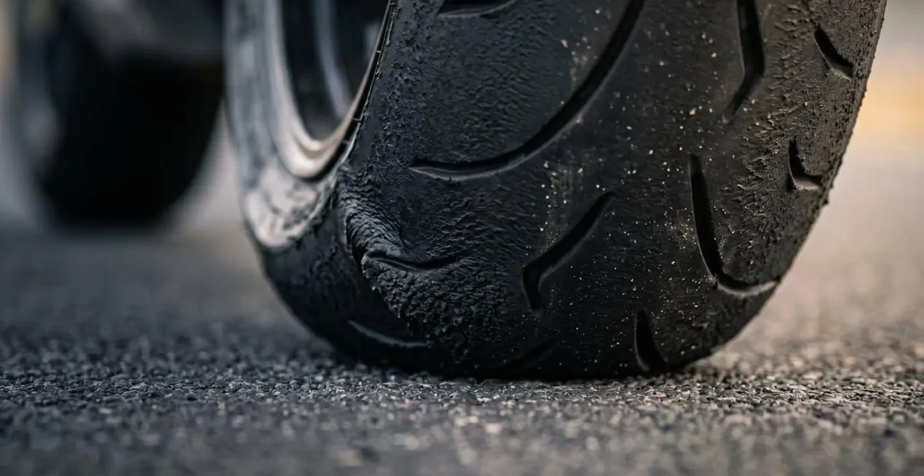 Nahaufnahme eines Motorradreifens unter Last bei dynamischem Lastwechsel