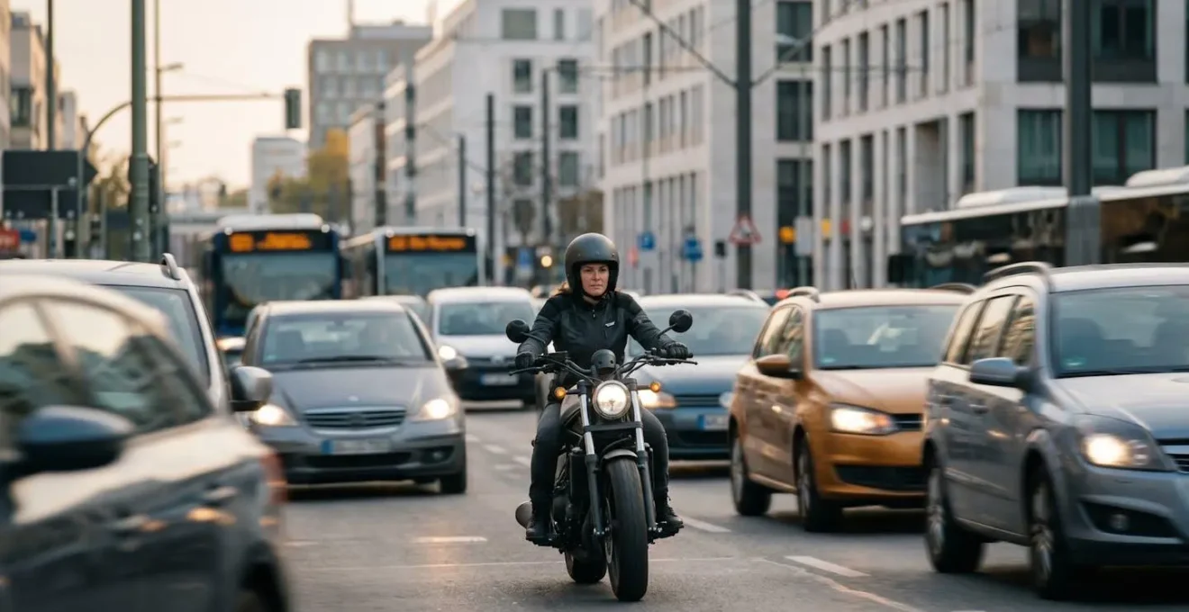 Motorradfahrer navigiert gelassen durch dichten Stadtverkehr mit achtsamer Fahrweise