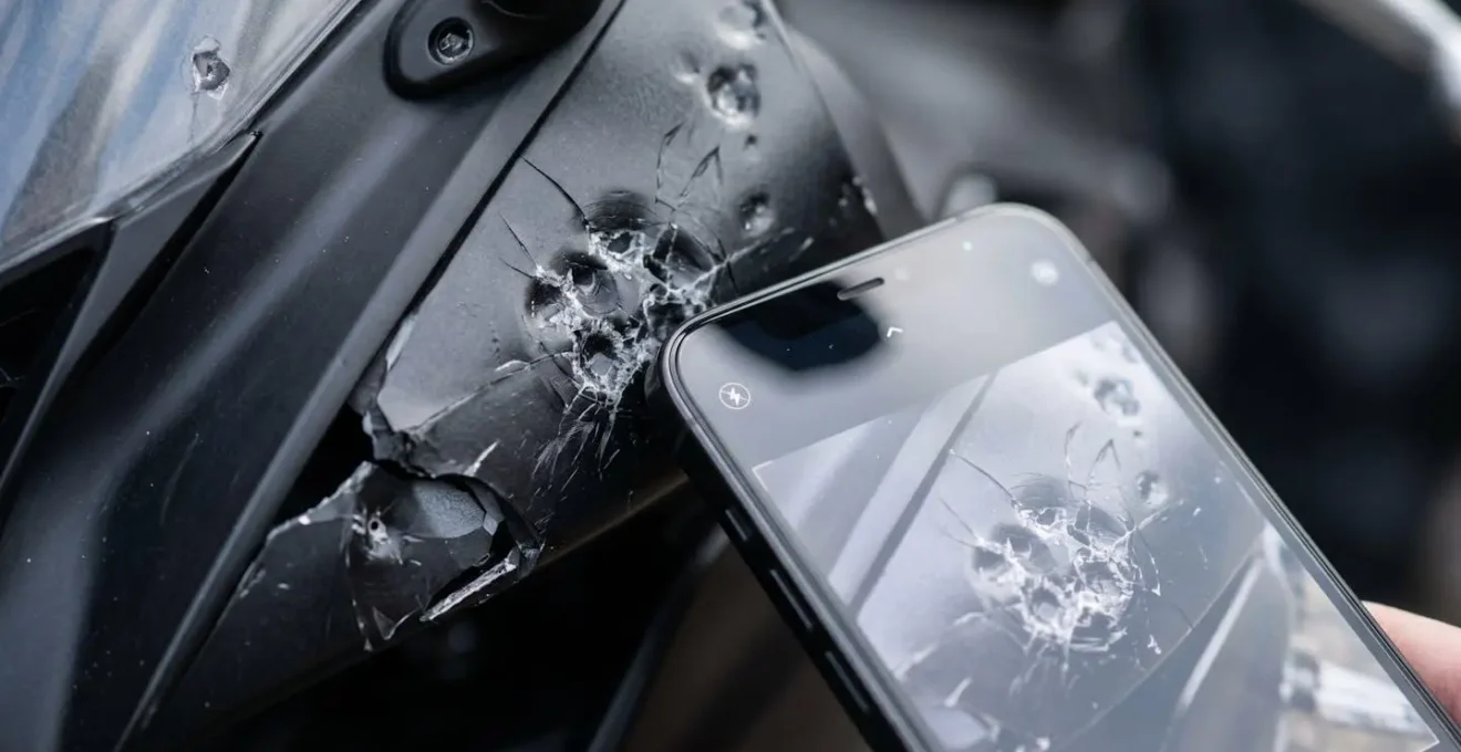 Detailaufnahme eines Smartphones, das Sturmschäden am Motorrad fotografiert mit sichtbarem Zeitstempel