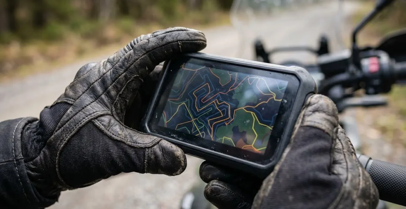 Motorradfahrer bei der Navigation mit GPS-Geraet auf Schotterweg