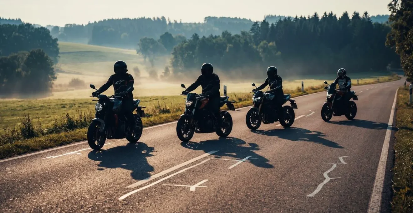 Detailansicht der versetzten Fahrformation bei Motorradgruppen auf deutscher Landstrasse