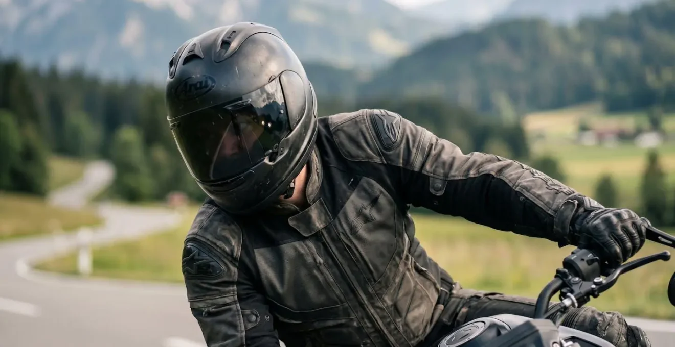 Nahaufnahme eines Motorradfahrers in Schräglage mit Fokus auf Körperhaltung und Blickführung