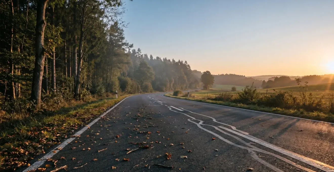Waldrand an deutscher Landstrasse in der Dämmerung mit Schatten zwischen Bäumen